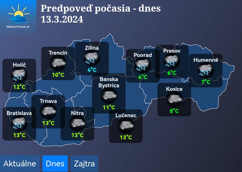 Predpoveď na 13.03.2024: vyskytnú sa nám ešte zrážky. K večeru sa zmenší aj oblačnosť