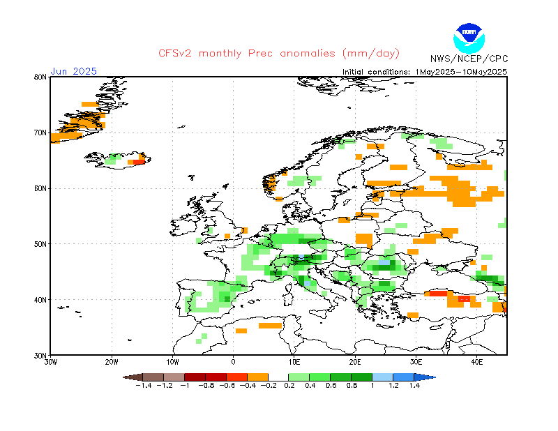 Zdroj: ncep.noaa.gov (CFSv2) - Zrážková anomália pre Jún 2025