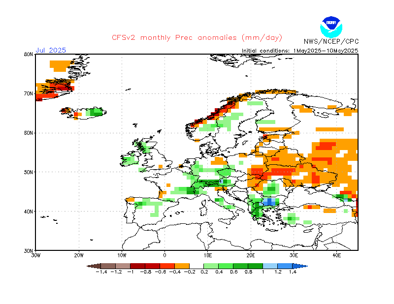 Zdroj: ncep.noaa.gov (CFSv2) - Zrážková anomália pre Júl 2025