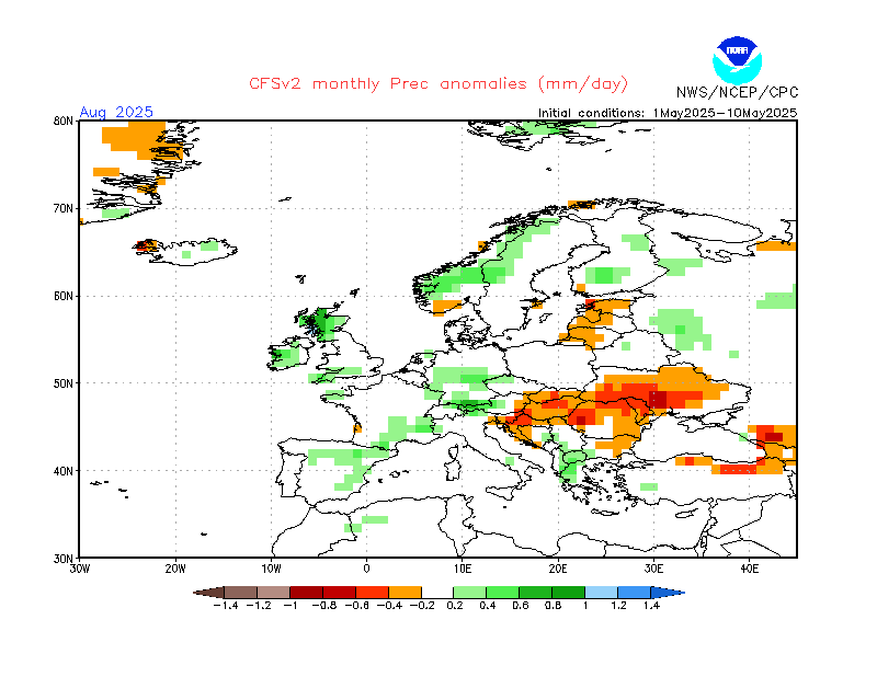 Zdroj: ncep.noaa.gov (CFSv2) - Zrážková anomália pre August 2025