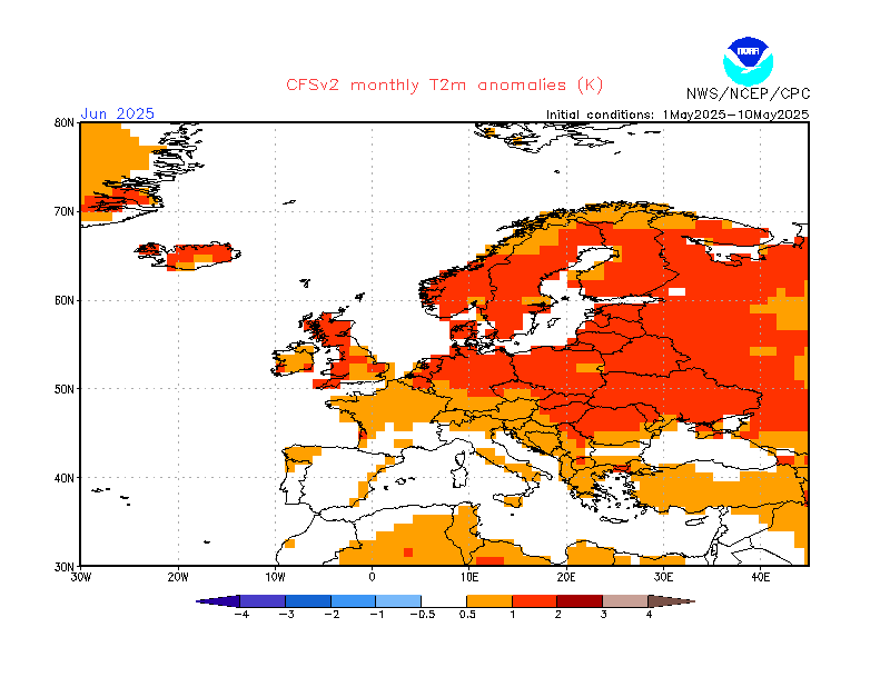 Zdroj: ncep.noaa.gov (CFSv2) - Teplotná anomália pre Jún 2025