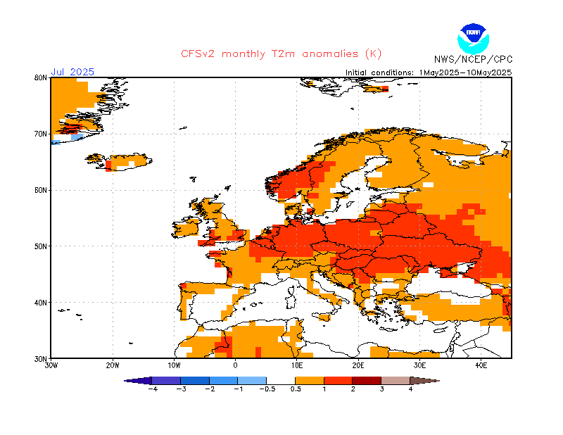 Zdroj: ncep.noaa.gov (CFSv2) - Teplotná anomália pre Júl 2025