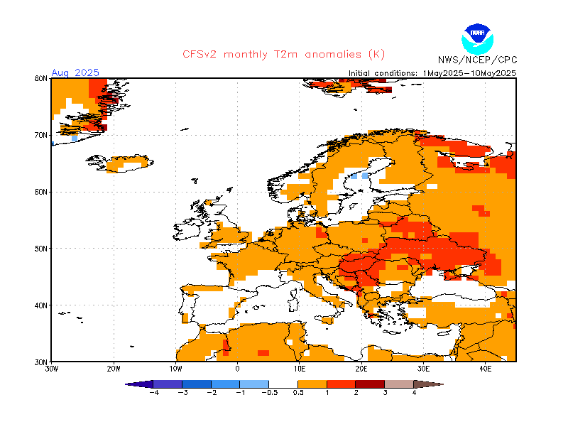 Zdroj: ncep.noaa.gov (CFSv2) - Teplotná anomália pre August 2025