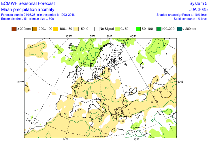 Zdroj: ecmwf.int - Zrážková anomália pre Jún 2025